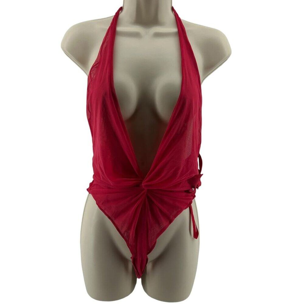 Vintage Victoria Secret Semi Sheer Red Deep Plug Bodysuit Womens Size Medium